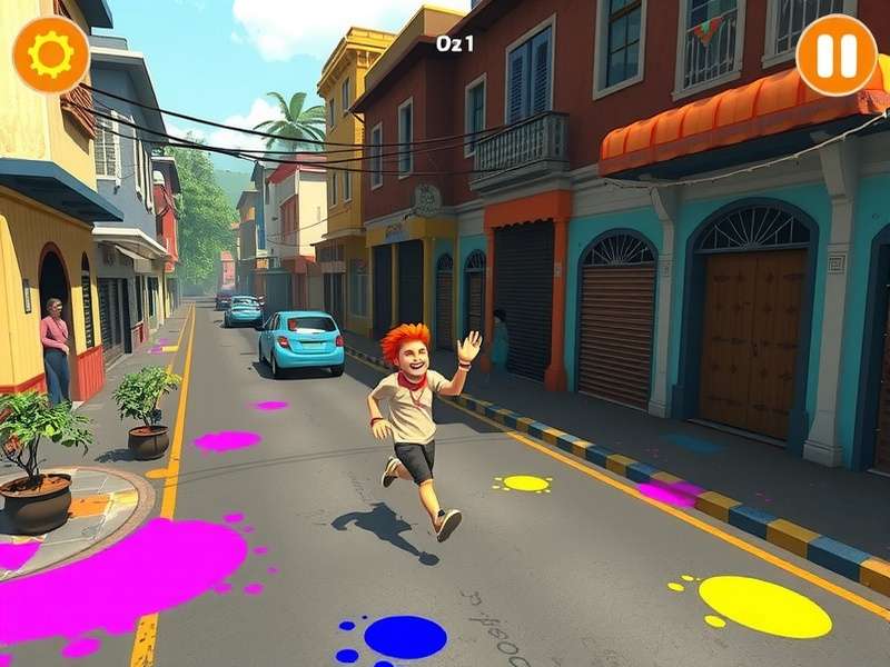 Holi Celebration Runner gameplay screenshot showing colorful characters running through streets